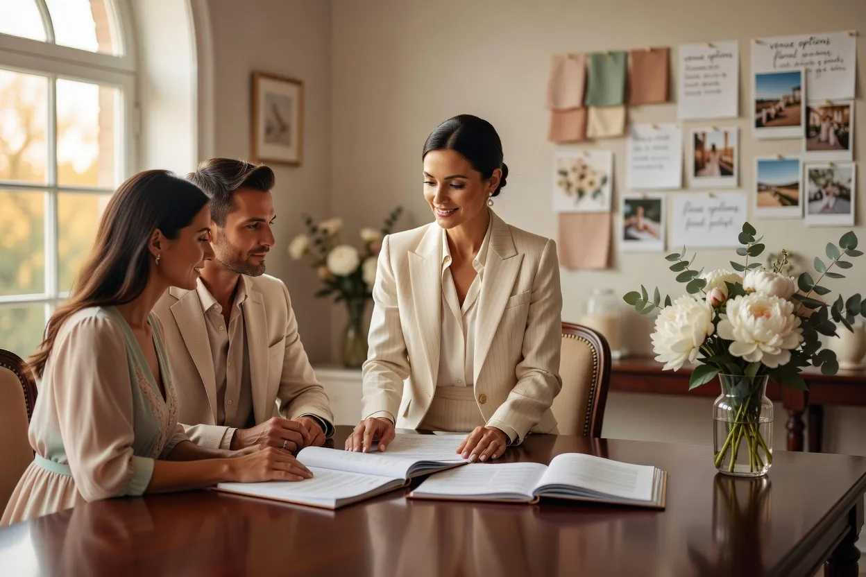 Wedding planner et jeunes mariés relisant ensemble les conditions d'un contrat d'assurance annulation
