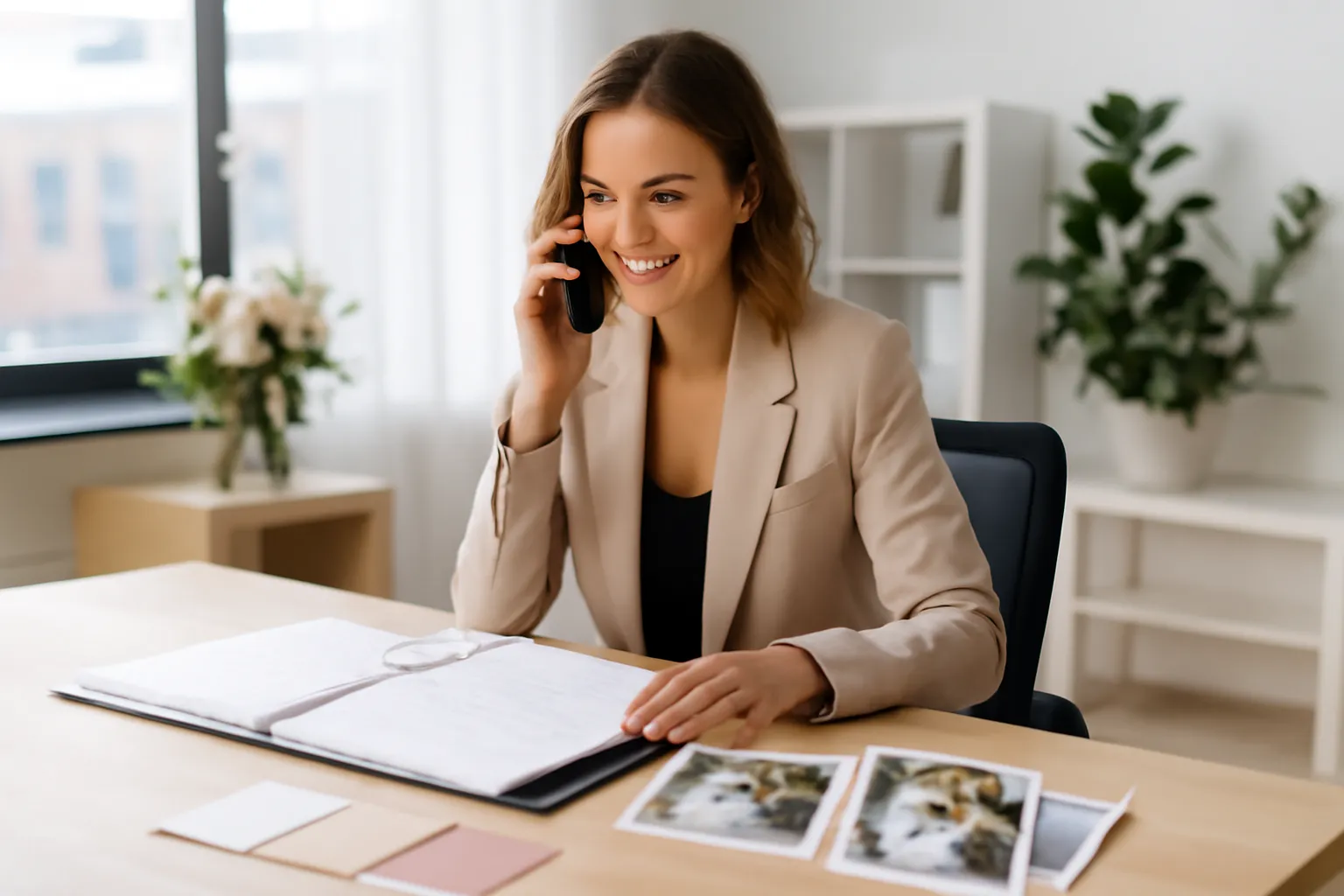 Wedding planner au téléphone coordonnant les démarches avec un assureur pour un mariage