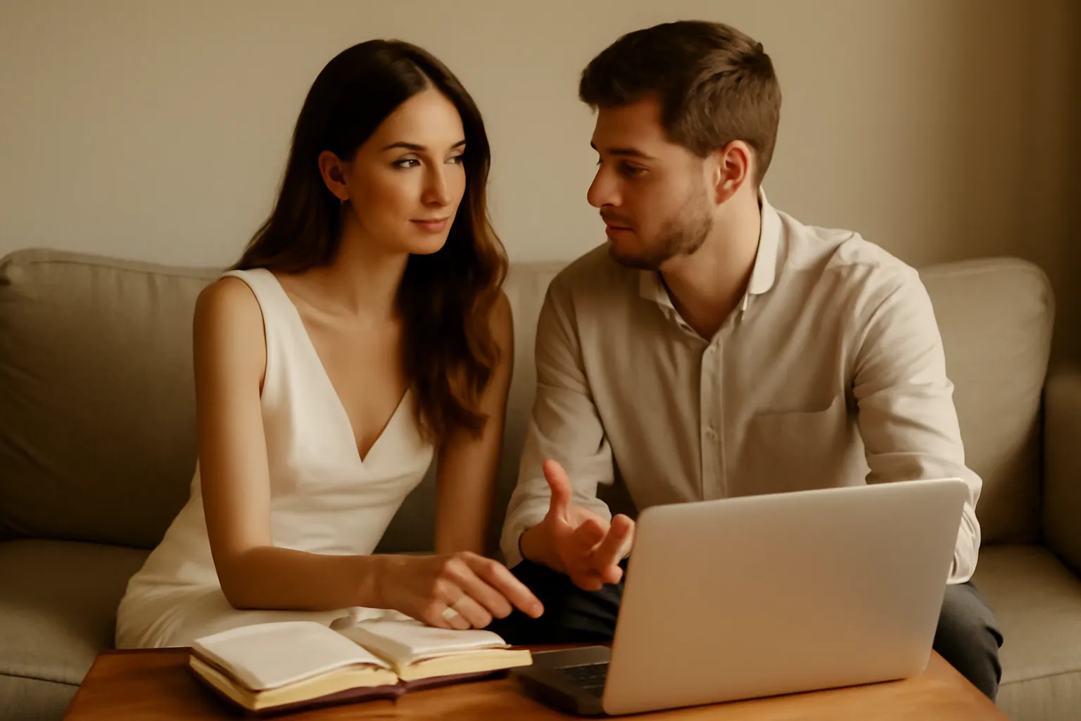 Couple assis sur un canapé consultant un agenda papier et un ordinateur portable pour choisir la date de leur mariage