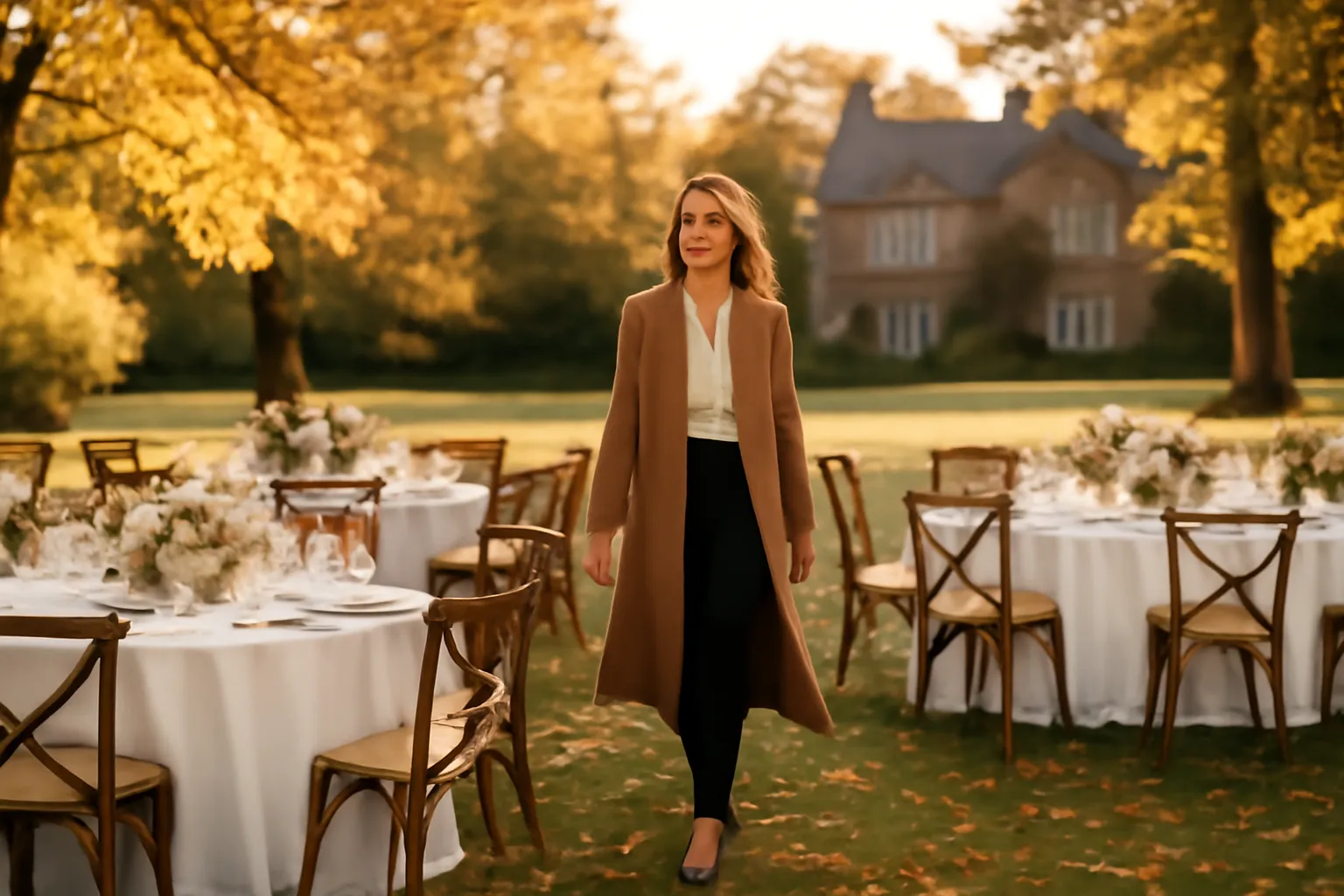 Wedding planner en manteau camel marchant entre des tables rondes dressées dans un parc d'automne devant un manoir
