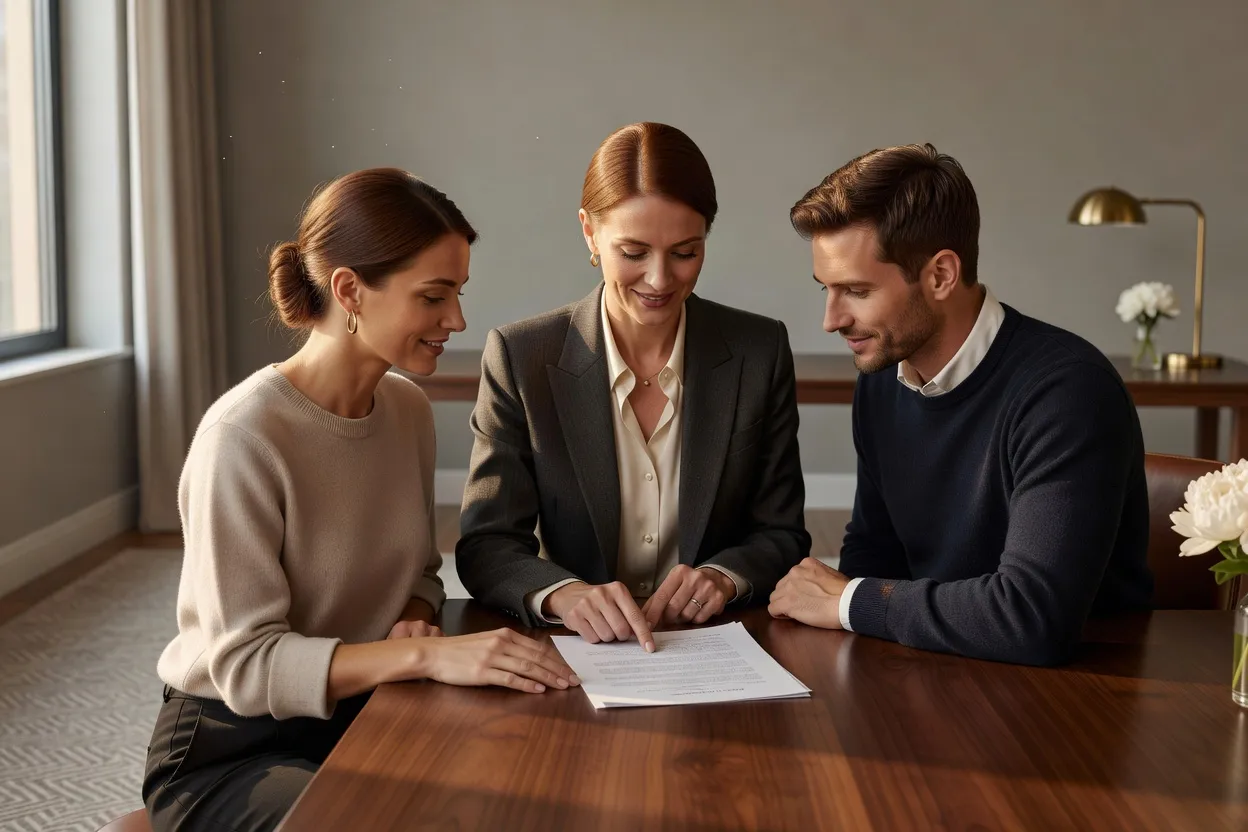 Wedding planner et couple de futurs maries relisant ensemble un contrat de prestation sur une table en bois