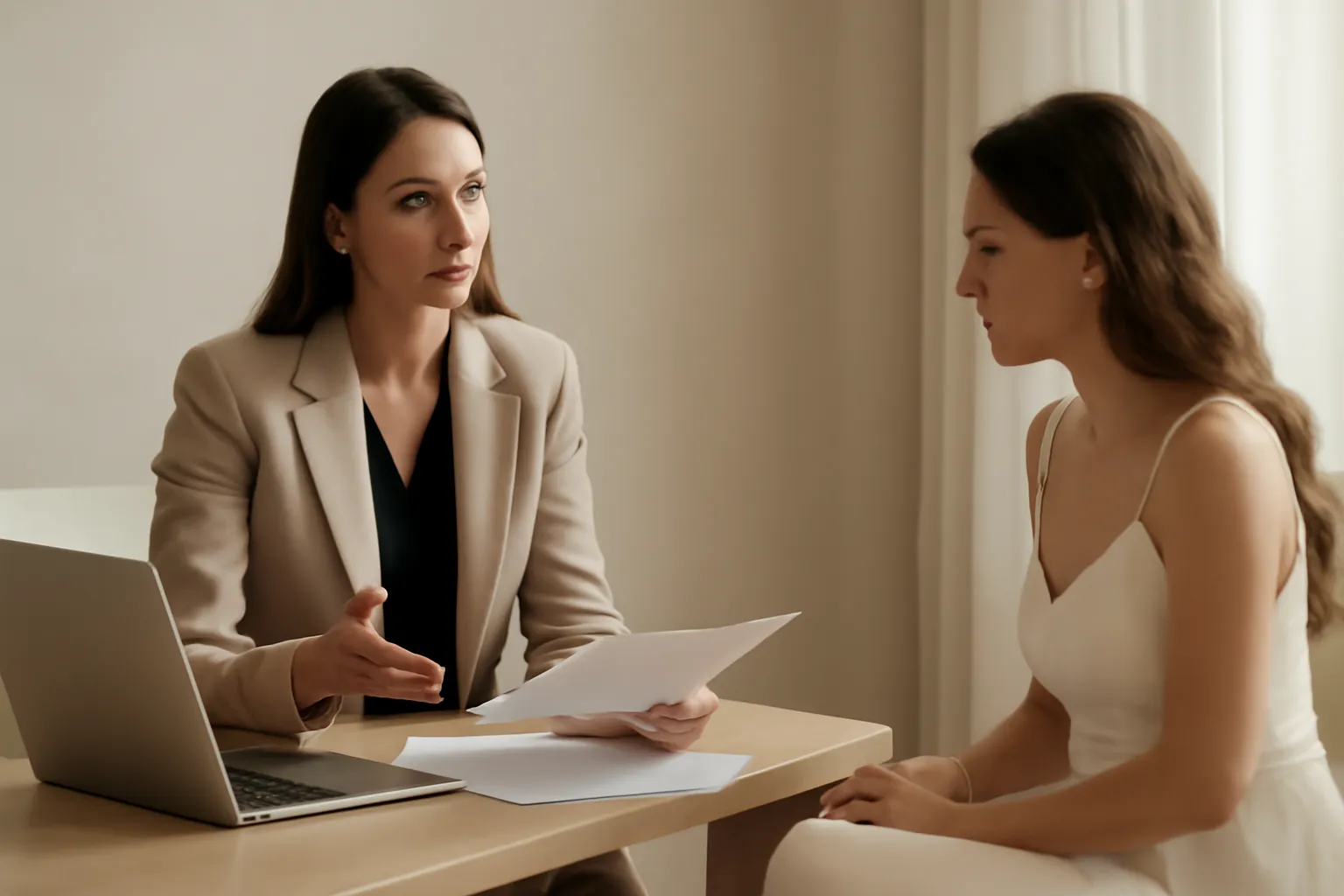 Wedding planner expliquant une clause de mediation a une mariee lors d'un rendez-vous de suivi