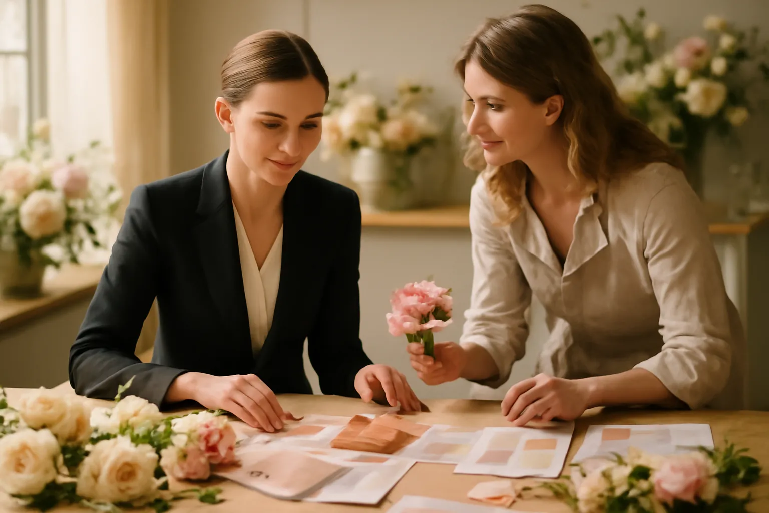 Wedding planner et fleuriste examinant ensemble des échantillons de fleurs et de tissus pour la décoration du mariage