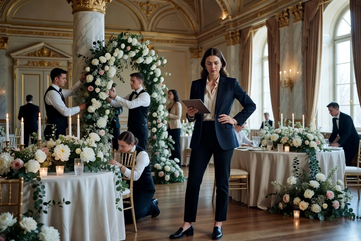 Wedding planner supervisant l'installation de la décoration florale dans une salle de réception avant le mariage