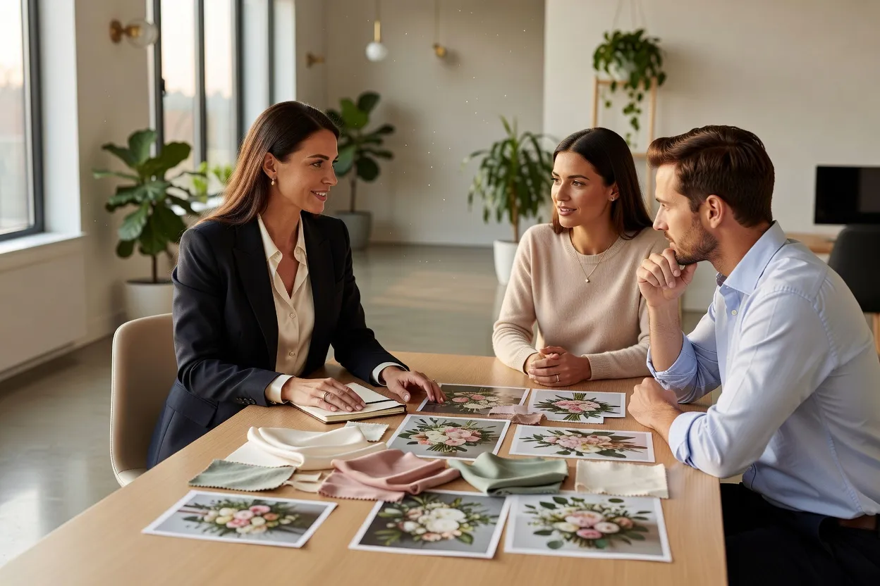 Wedding planner et couple de mariés échangeant autour d'un moodboard lors d'un rendez-vous de cadrage