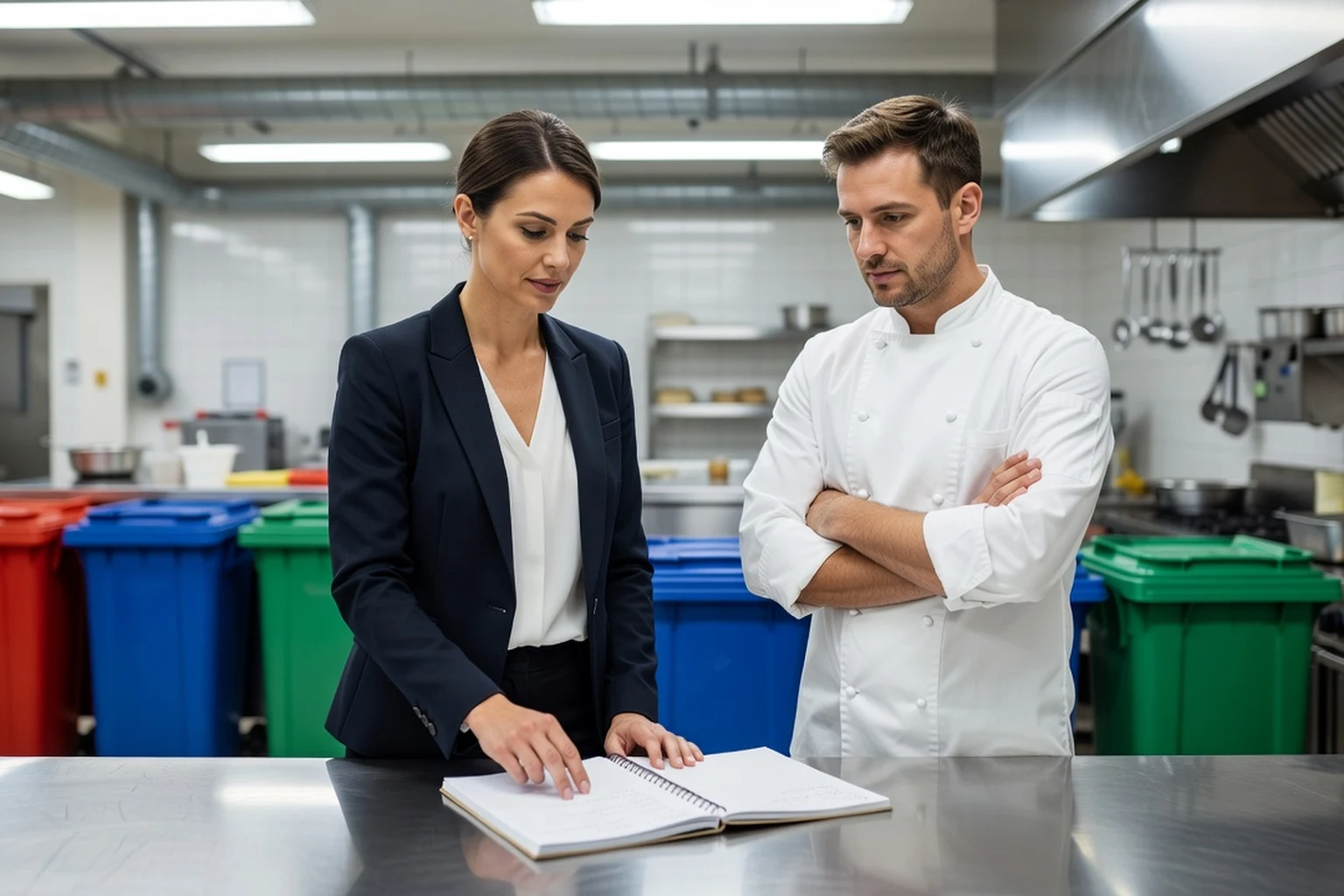 Wedding planner et chef traiteur vérifiant le carnet de commandes dans une cuisine professionnelle, des bacs de tri des déchets visibles en arrière-plan
