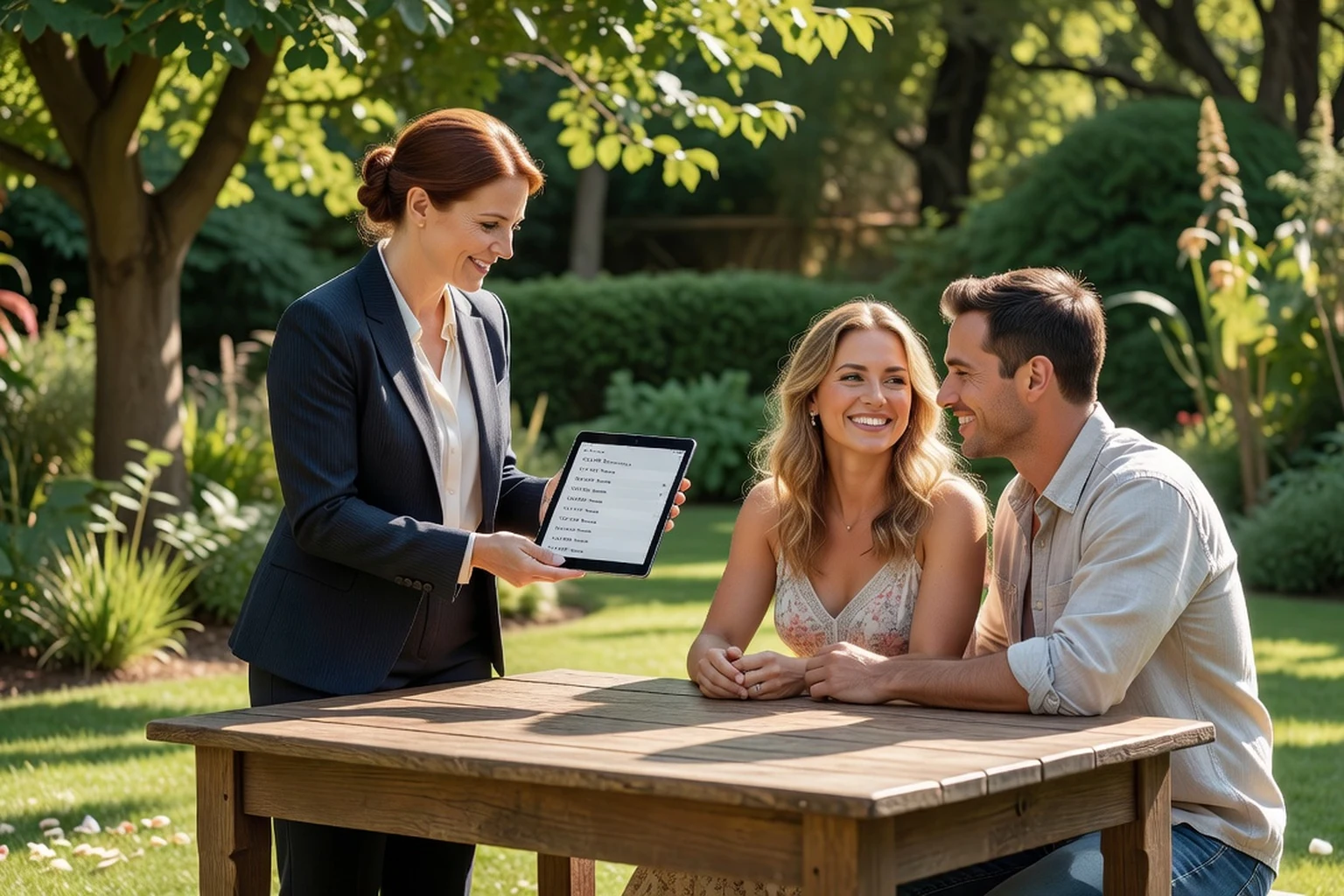 Wedding planner montrant à un couple de futurs mariés le planning des navettes sur une tablette, dans le jardin d'un lieu de réception