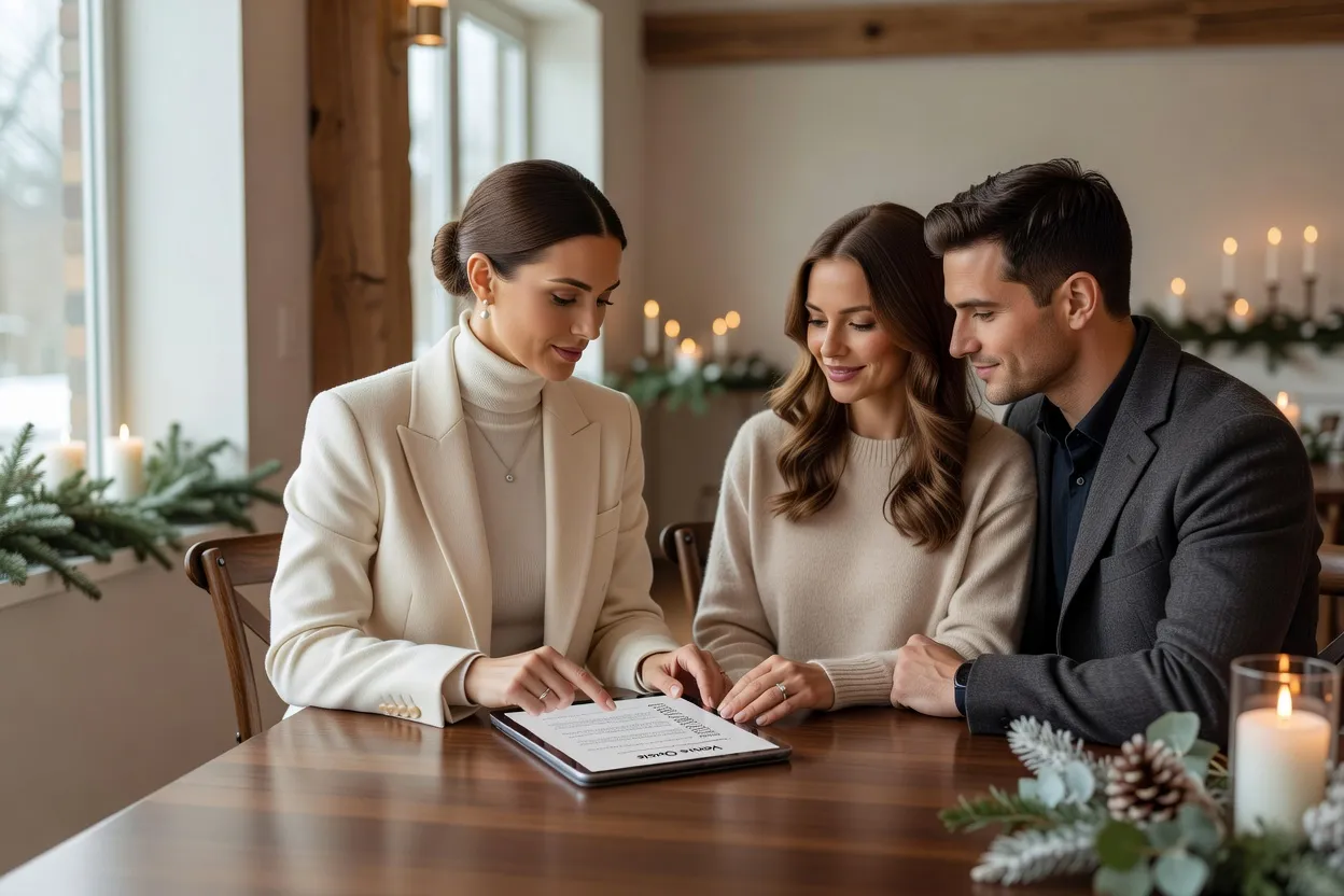 Wedding planner et couple de mariés consultant un devis de lieu de réception en hiver