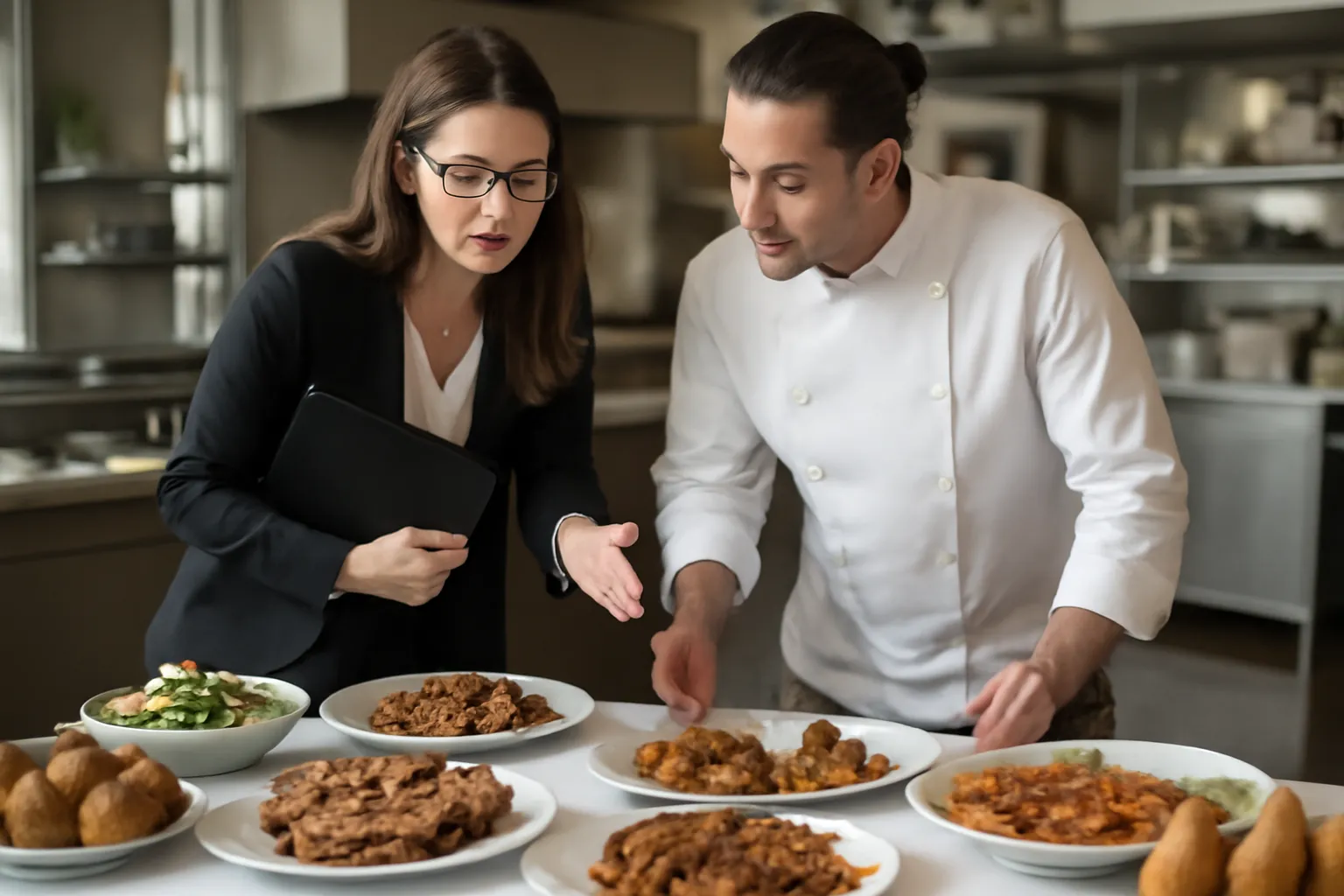 Wedding planner en discussion avec un traiteur autour d'un buffet presentant des plats de deux traditions culinaires