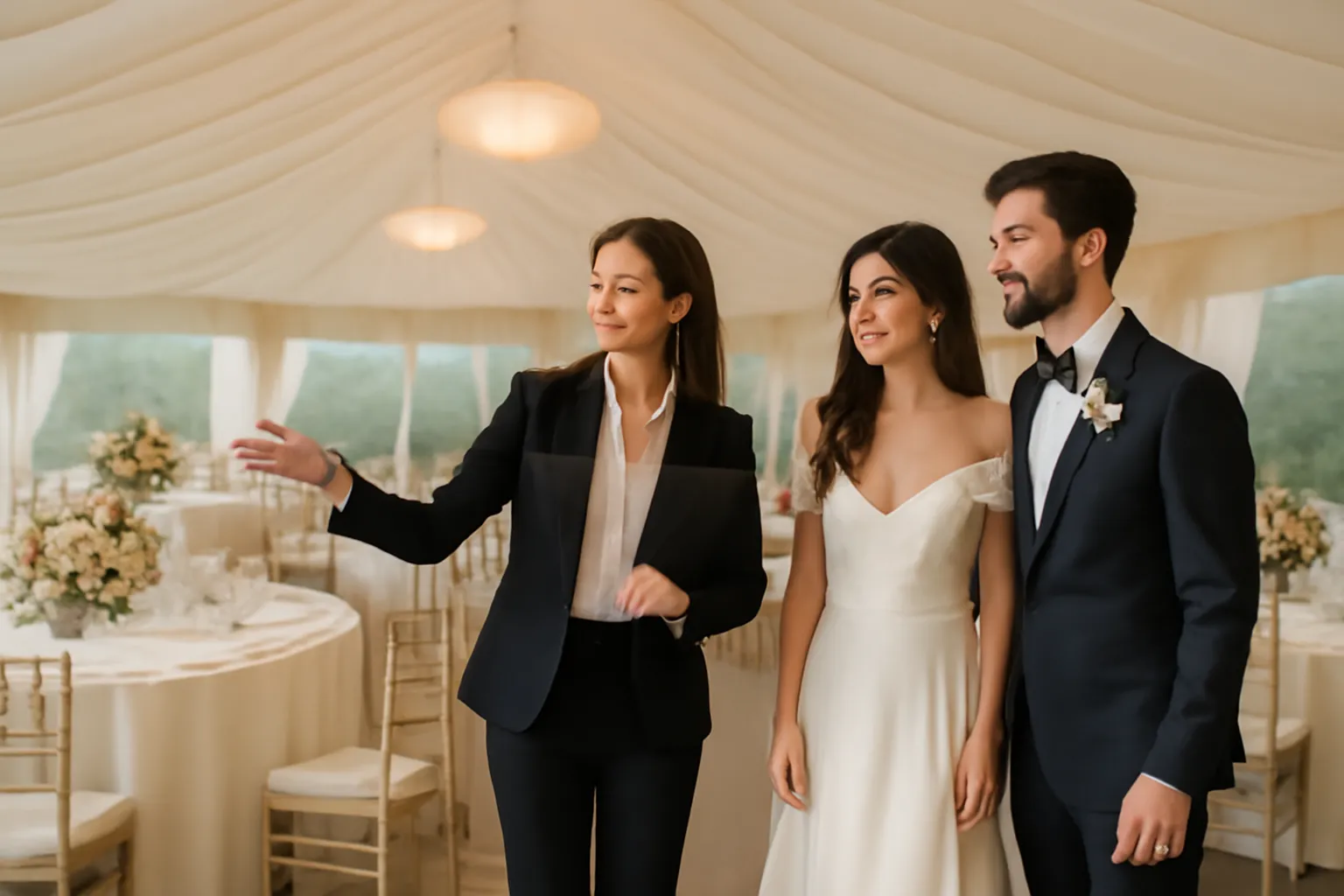 Wedding planner et mariés visitant une tente de réception aménagée comme plan B en cas de pluie