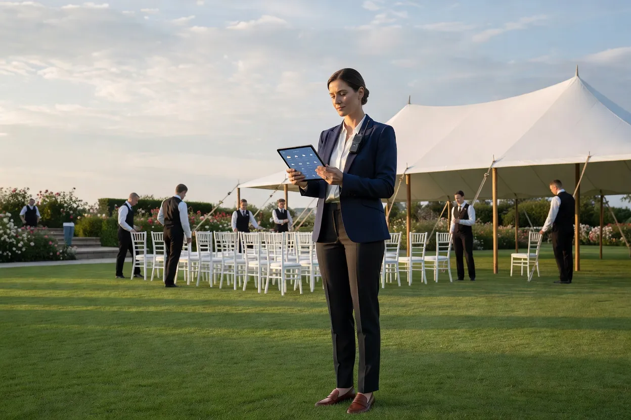 Wedding planner consultant les prévisions météo sur tablette avant de coordonner le plan B jour J