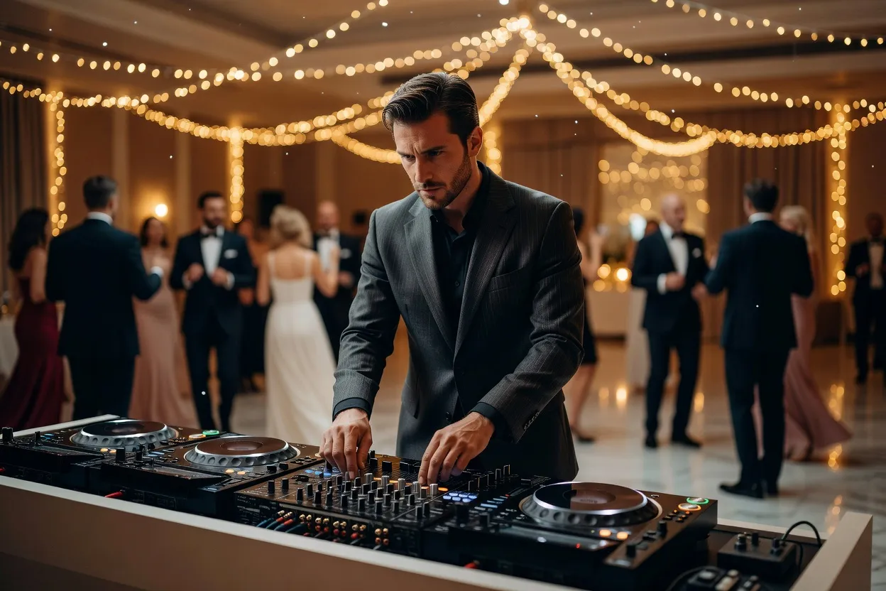 DJ de mariage aux platines pendant l'animation de la soirée dansante
