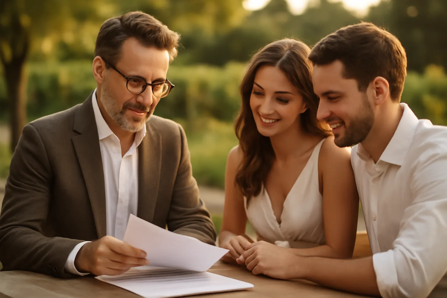 Officiant de cérémonie laïque échangeant avec les mariés avant la cérémonie