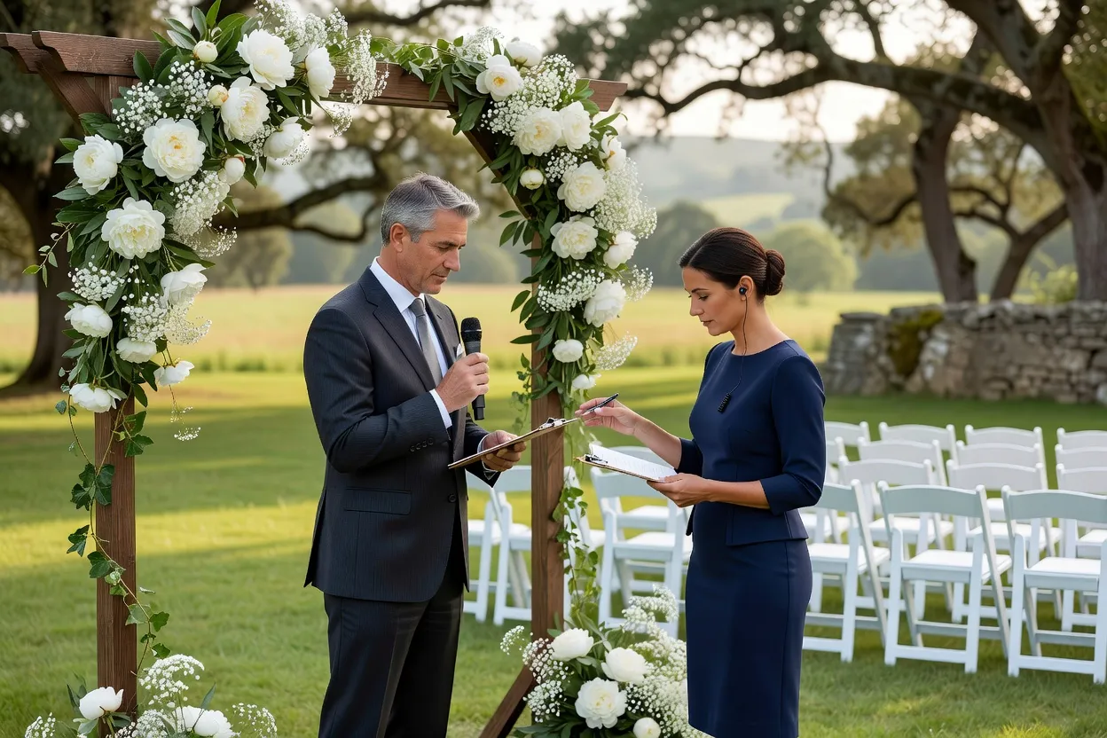 Officiant vérifiant les derniers détails avec le wedding planner avant la cérémonie laïque