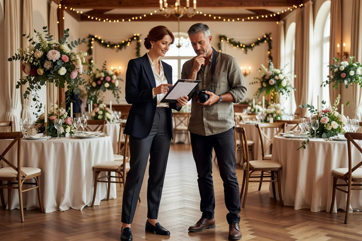 Wedding planner et photographe consultant ensemble une shot-list avant la cérémonie de mariage