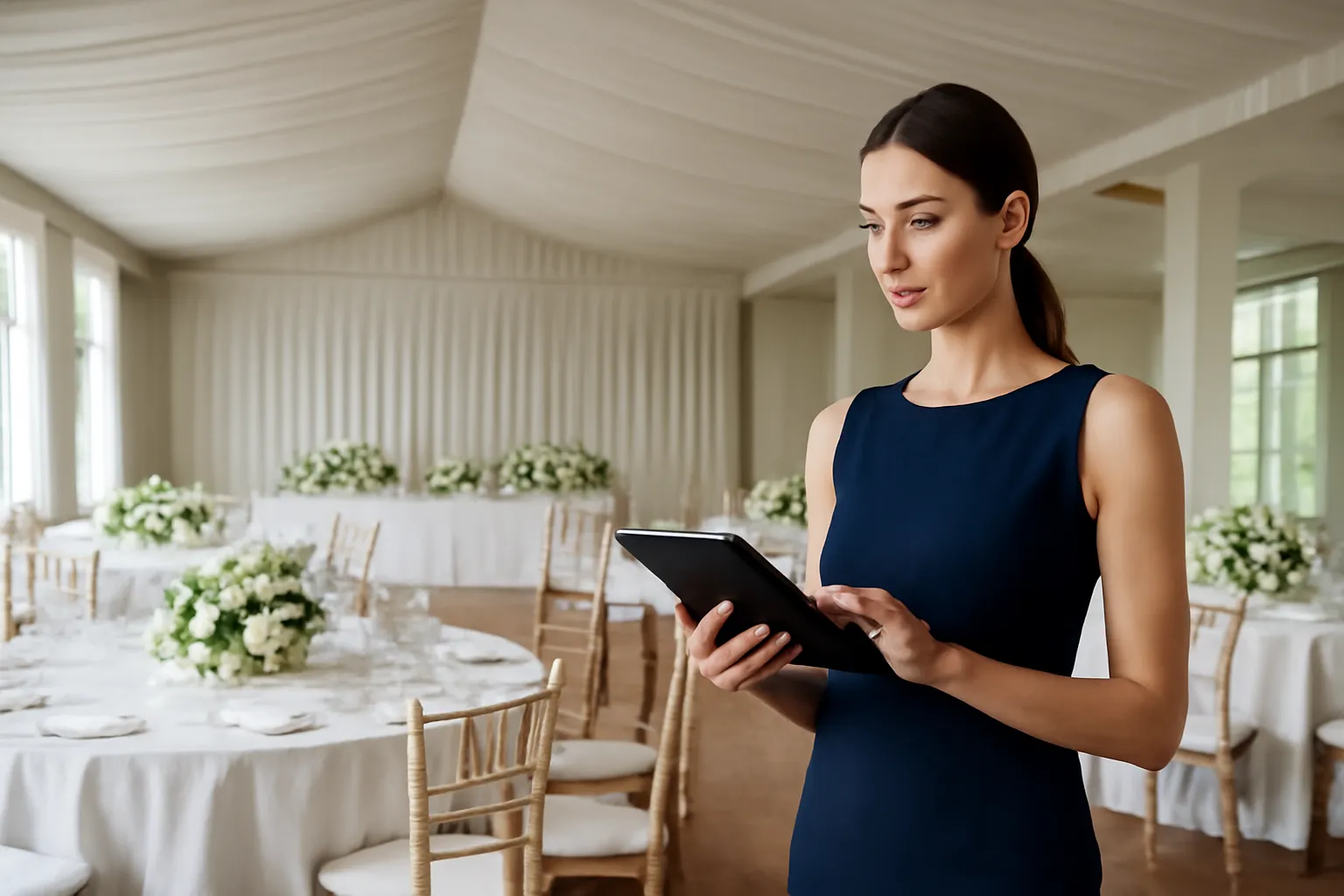 Wedding planner en robe bleu marine vérifiant sur une tablette l'agencement des tables rondes dans une salle de réception