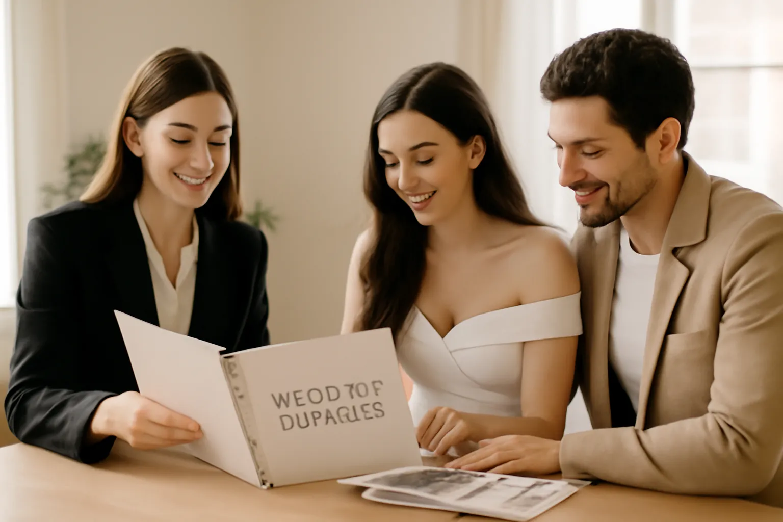 Wedding planner et couple de futurs maries en reunion de travail autour d'un planning