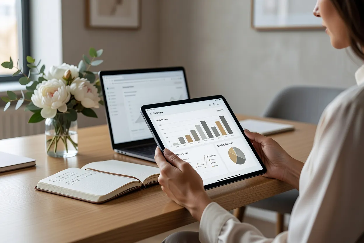 Wedding planner consultant une tablette avec un tableau de bord budget mariage