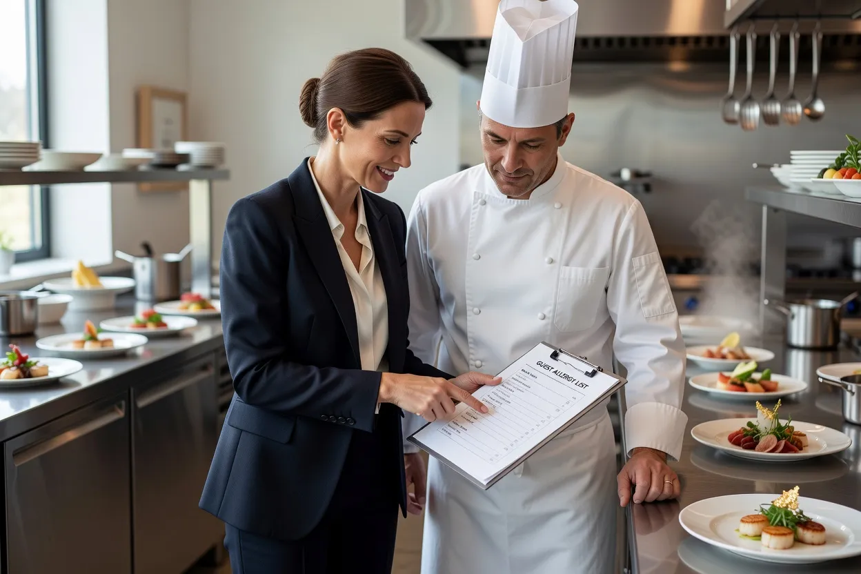 Chef traiteur et wedding planner vérifiant une liste d'allergies alimentaires en cuisine
