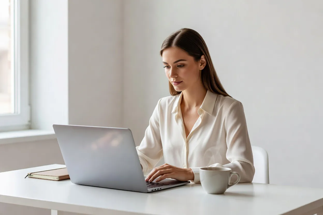 Jeune femme concentrée devant un ordinateur portable à un bureau clair, avec un carnet et une tasse de café à côté
