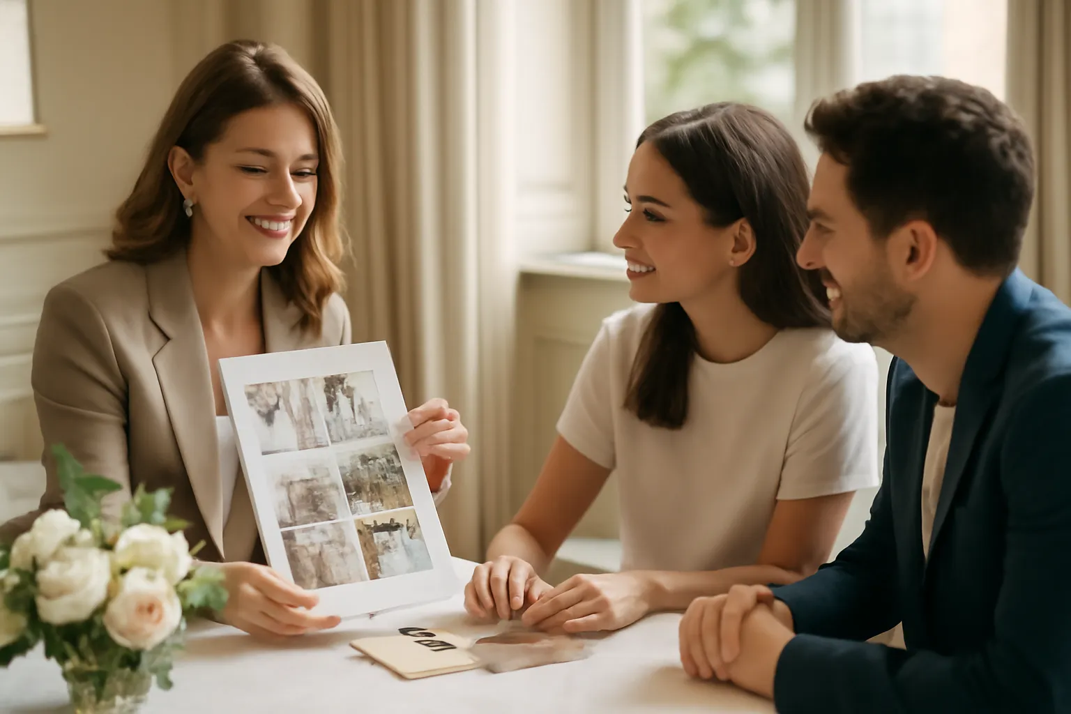Wedding planner indépendant en rendez-vous personnalisé avec un couple de mariés
