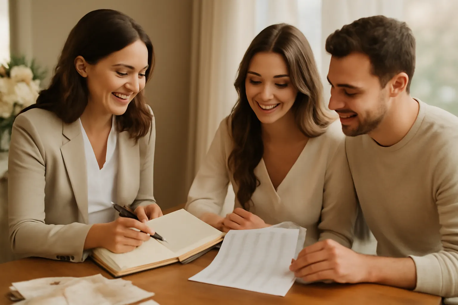 Wedding planner échangeant avec un couple de futurs mariés autour d'un carnet de notes et d'un budget de mariage