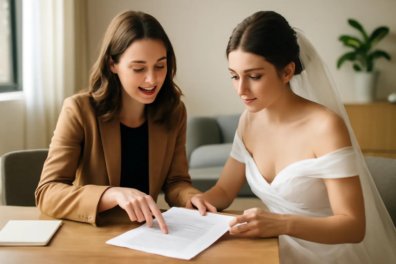 Wedding planner et future mariée examinant ensemble un devis prestataire autour d'une table