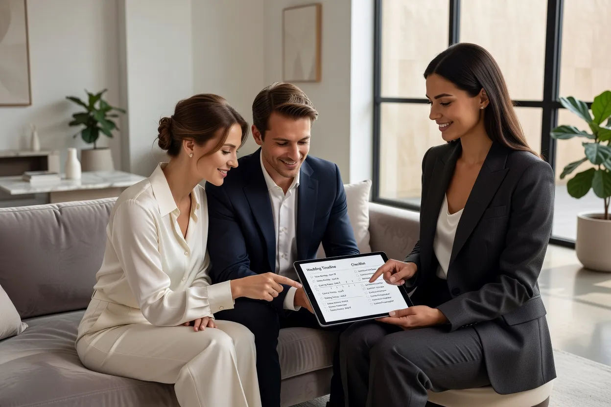 Wedding planner présentant un rétroplanning de mariage sur tablette à un couple