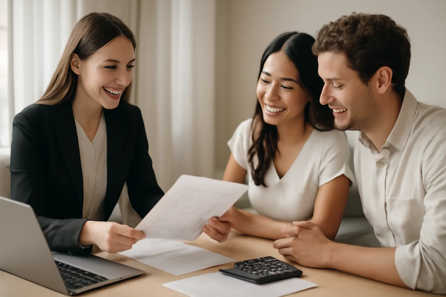 Couple et wedding planner échangeant autour d'un tableau de budget mariage avec calculatrice et documents