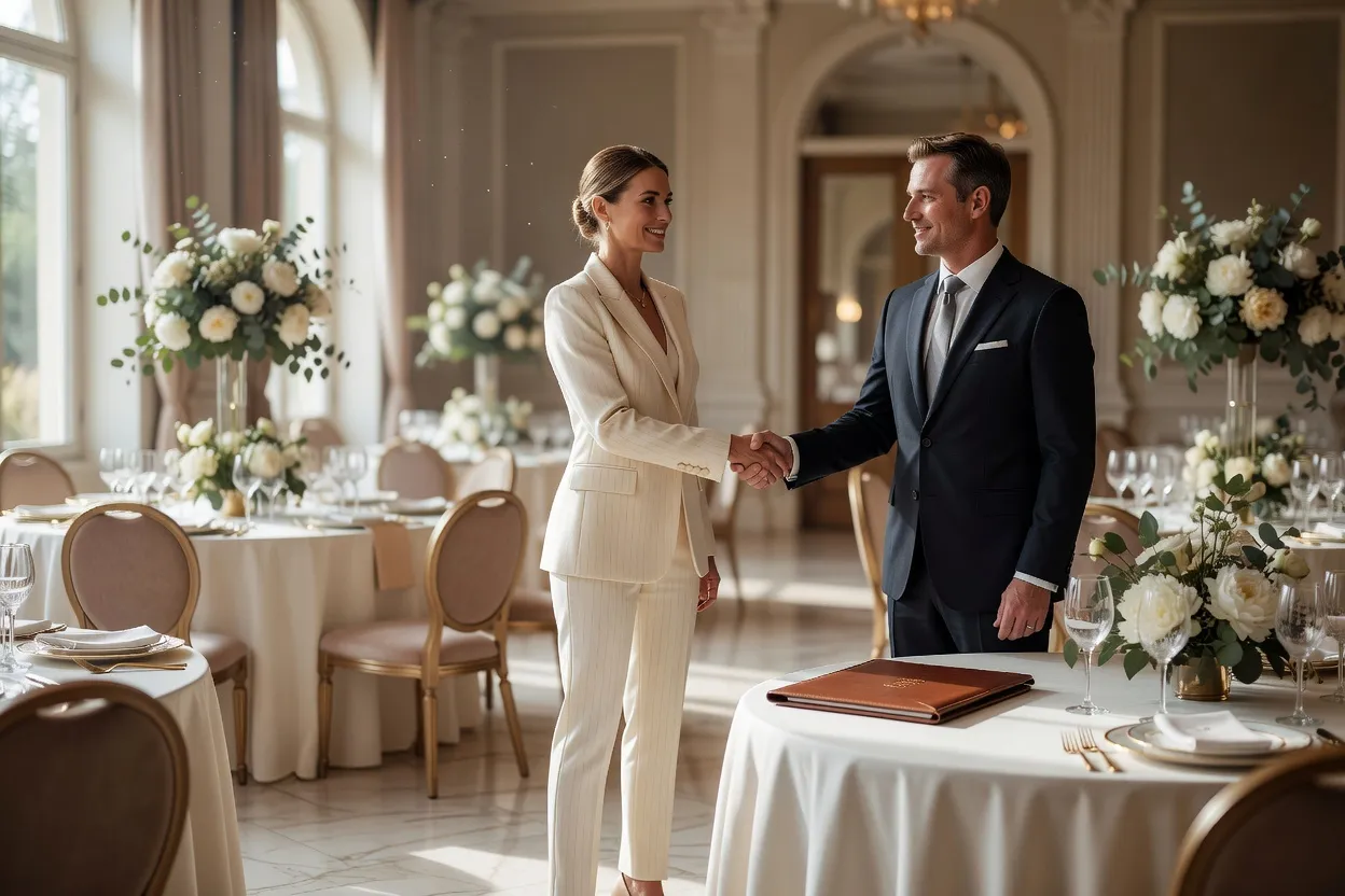 Wedding planner en discussion avec un prestataire traiteur pour négocier un contrat de mariage