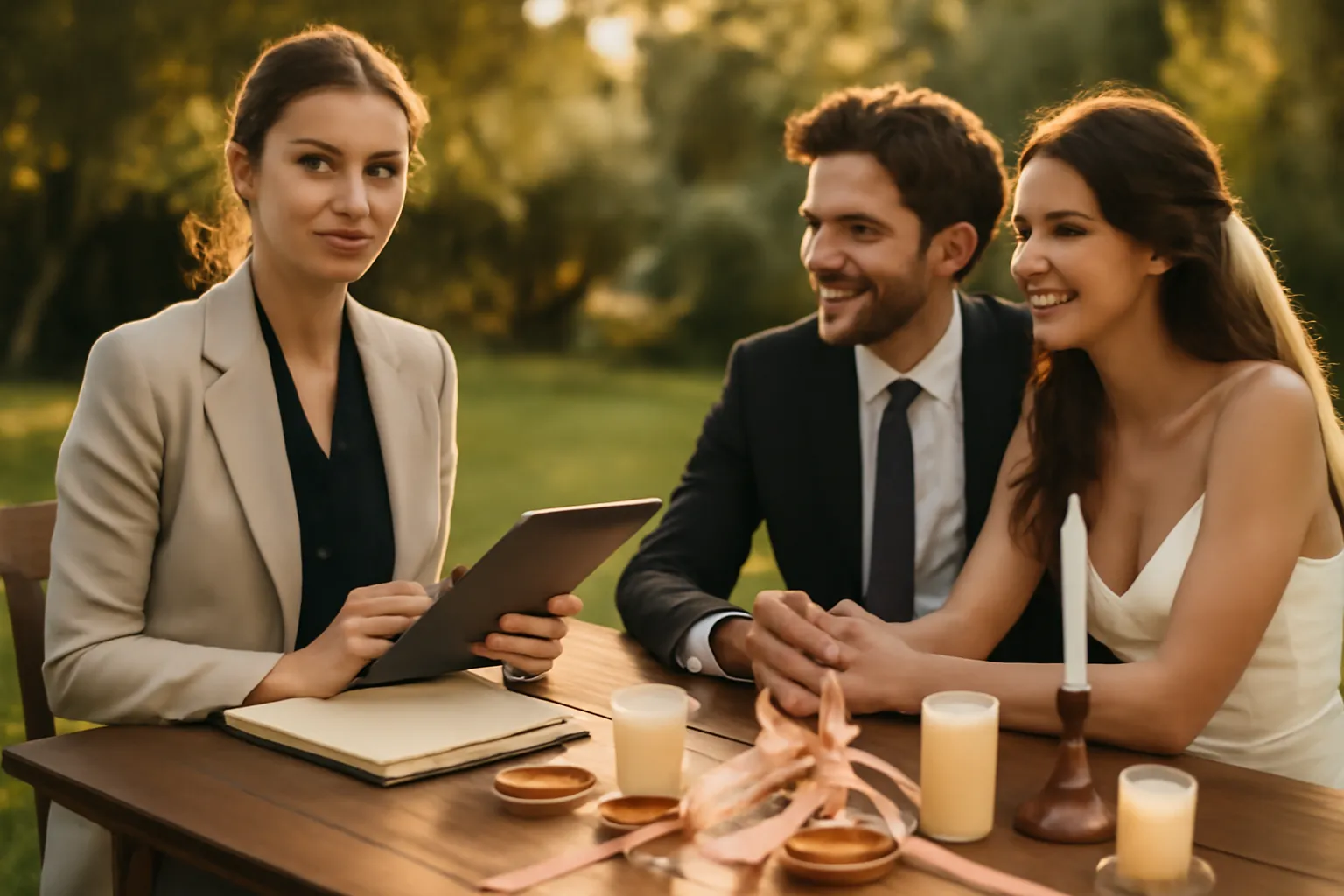 Wedding planner et mariés choisissant des rituels symboliques pour une cérémonie laïque en extérieur