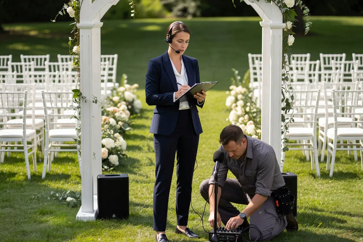 Technicien son et wedding planner testant la sonorisation avant une cérémonie laïque en extérieur