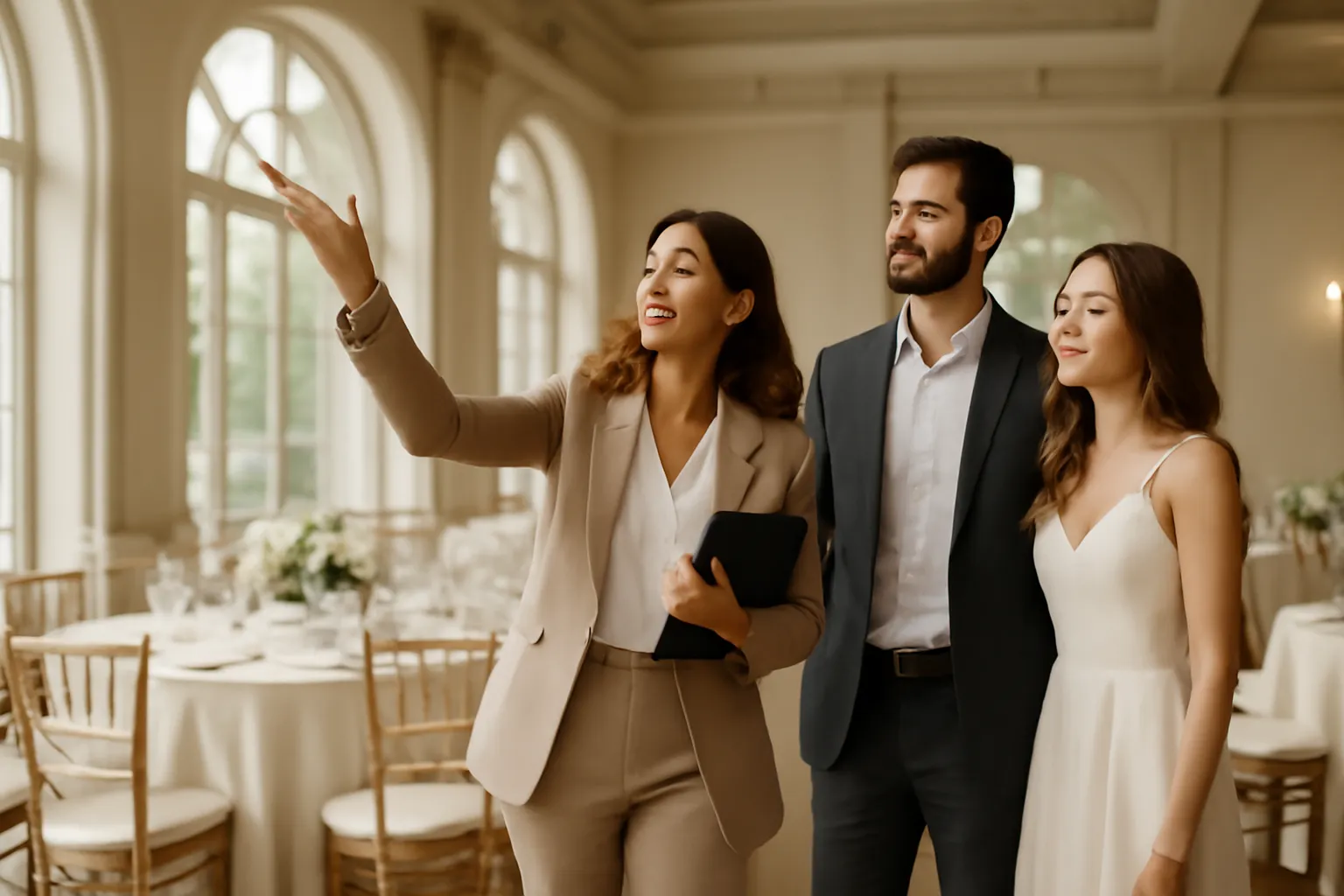 Wedding planner et futurs mariés visitant ensemble un lieu de réception pour évaluer sa configuration