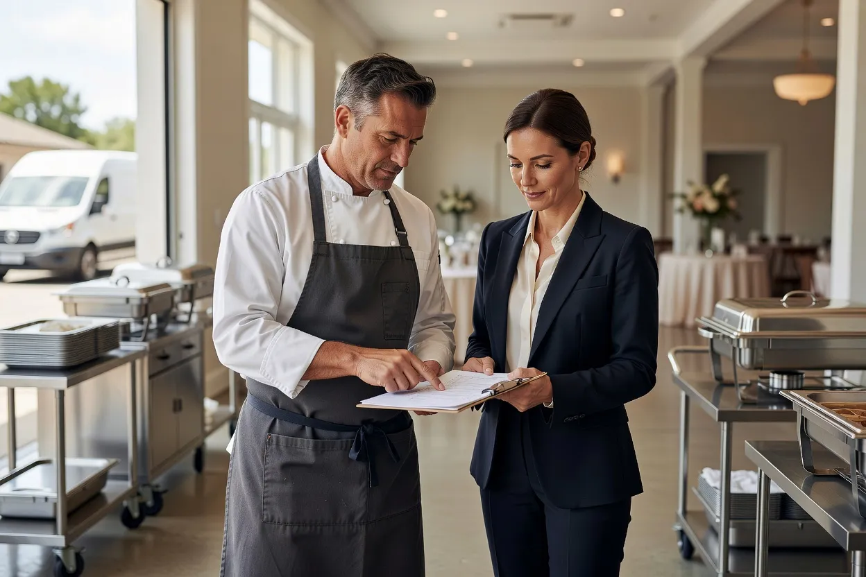 Traiteur et wedding planner vérifiant ensemble l'installation technique dans les cuisines d'un lieu de réception