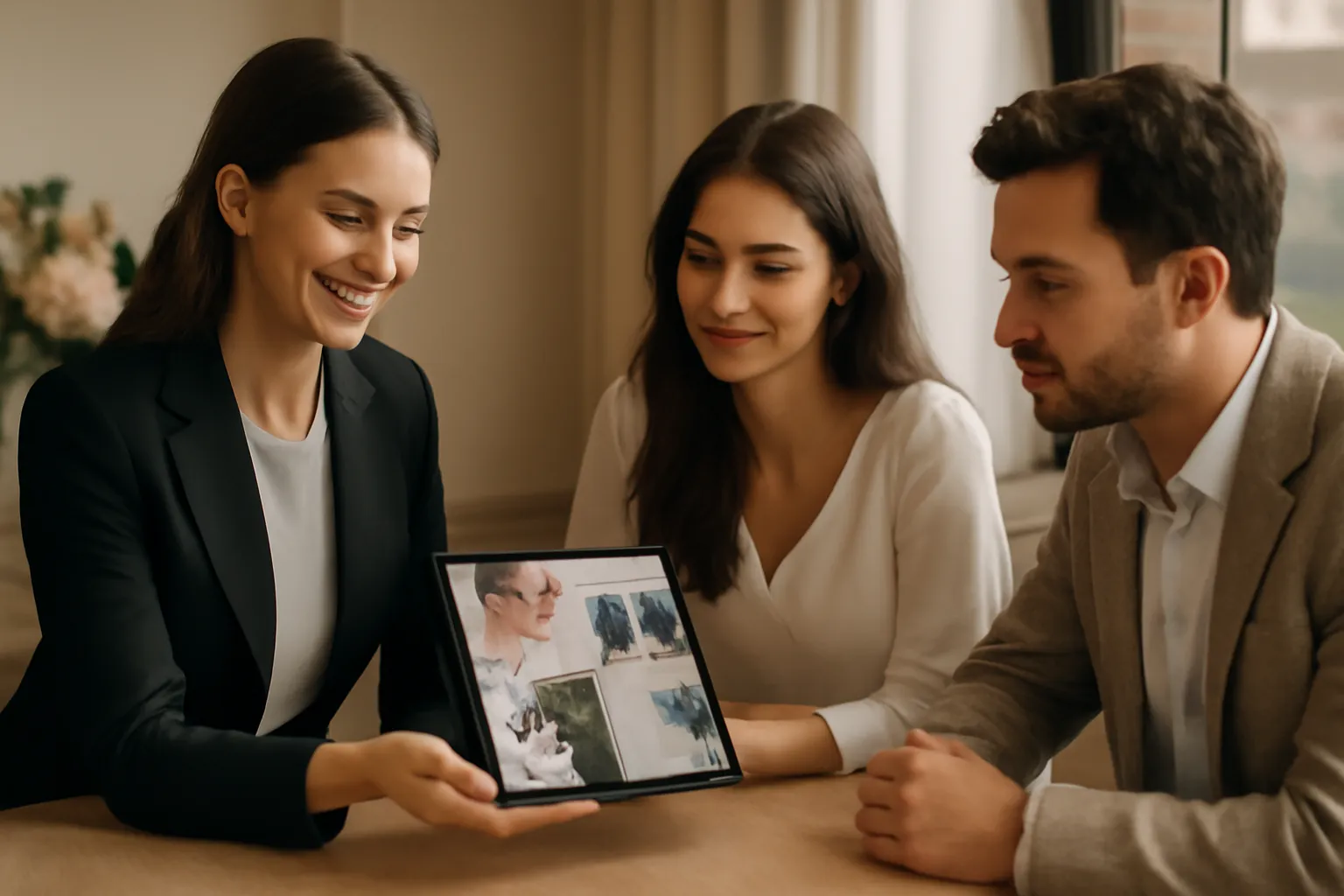 Wedding planner et futurs mariés consultant ensemble un portfolio de mariages sur tablette