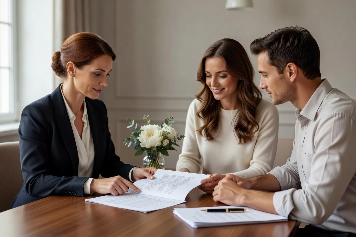 Wedding planner et couple de mariés relisant un contrat avant signature