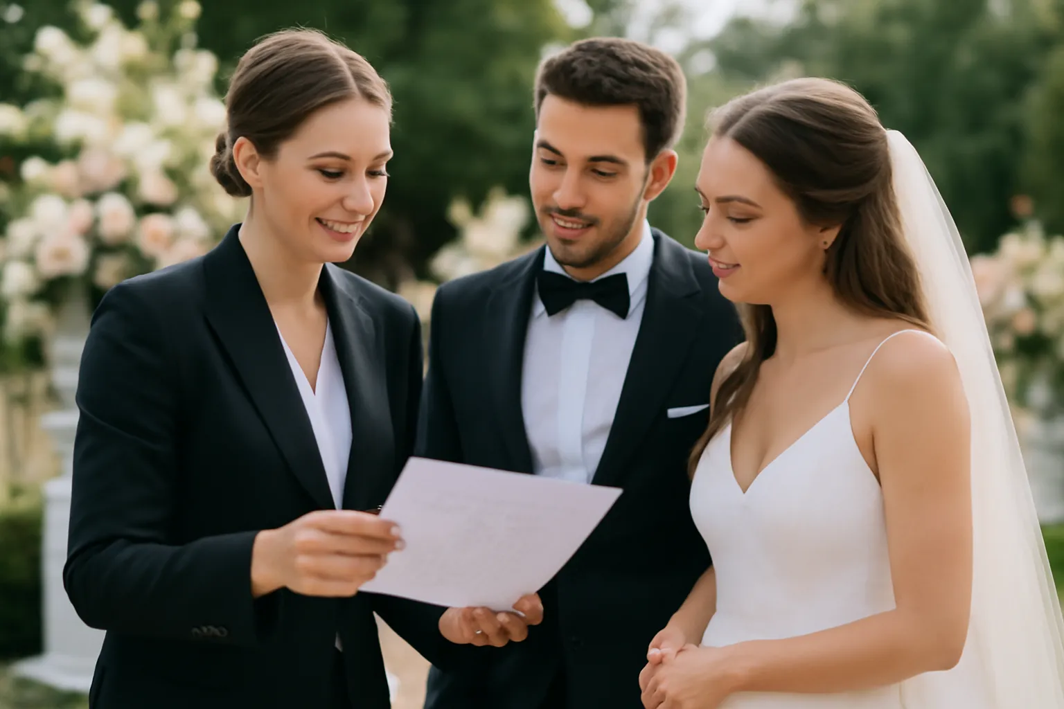 Wedding planner vérifiant le rétroplanning du jour J avec les mariés avant la cérémonie