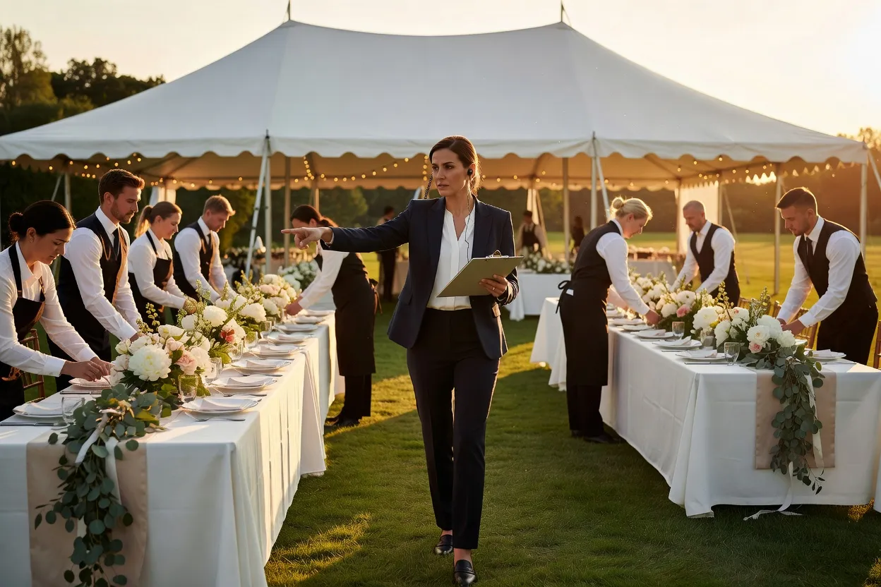 Wedding planner coordonnant les prestataires et l'installation le jour du mariage