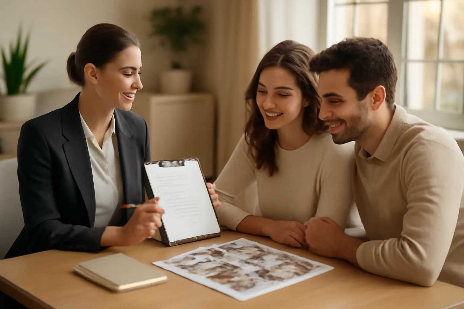 Wedding planner et jeunes mariés échangeant autour d'une table de travail sur les missions à déléguer