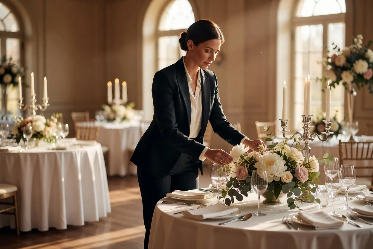 Wedding planner ajustant une composition florale et la décoration de table lors de la préparation d'un mariage