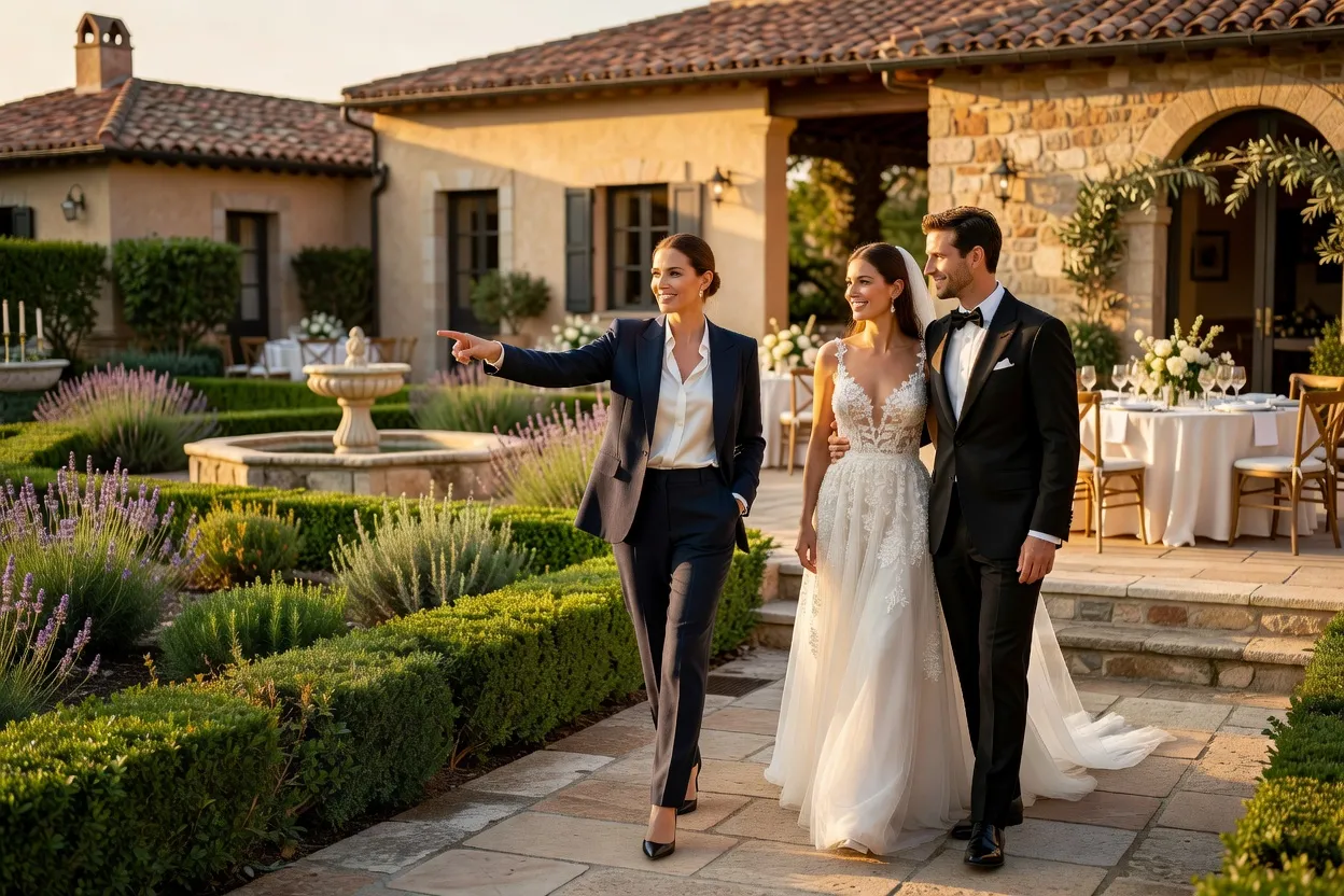 Wedding planner et couple de mariés visitant un lieu de réception à l'étranger