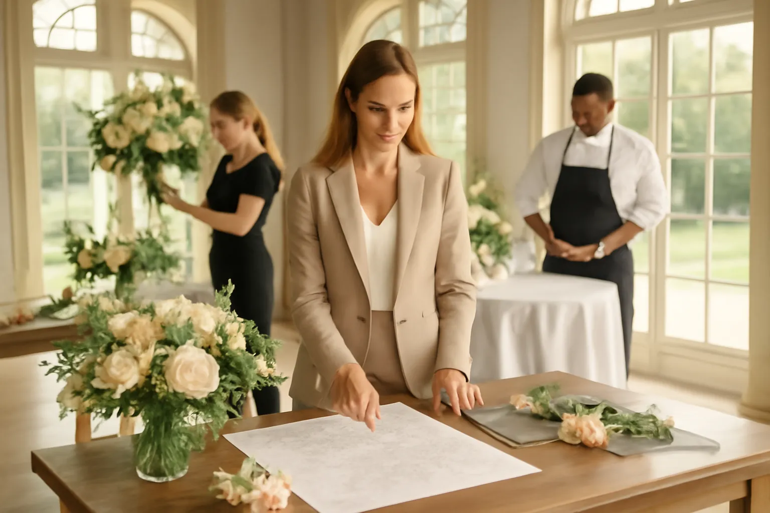 Wedding planner coordonnant plusieurs prestataires autour d'une table de réception avant un mariage