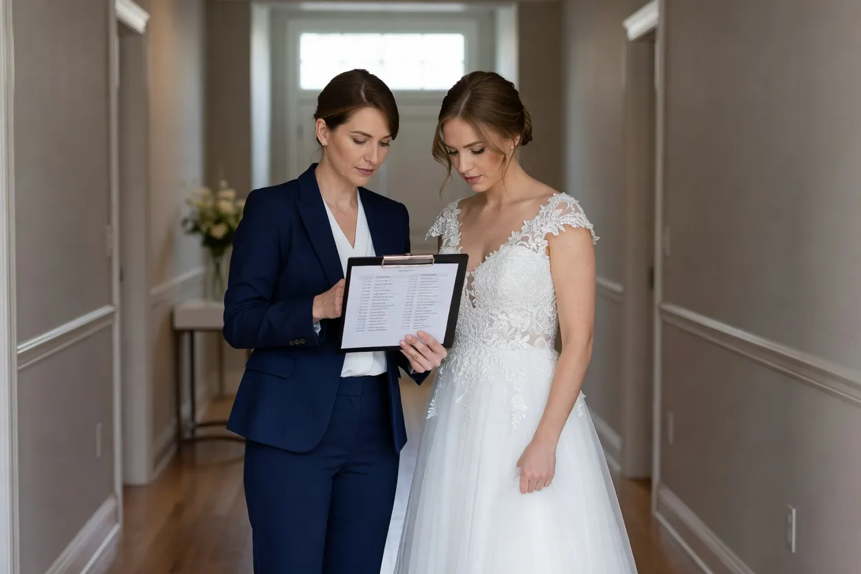 Wedding planner vérifiant le déroulé horaire avec la mariée juste avant la cérémonie