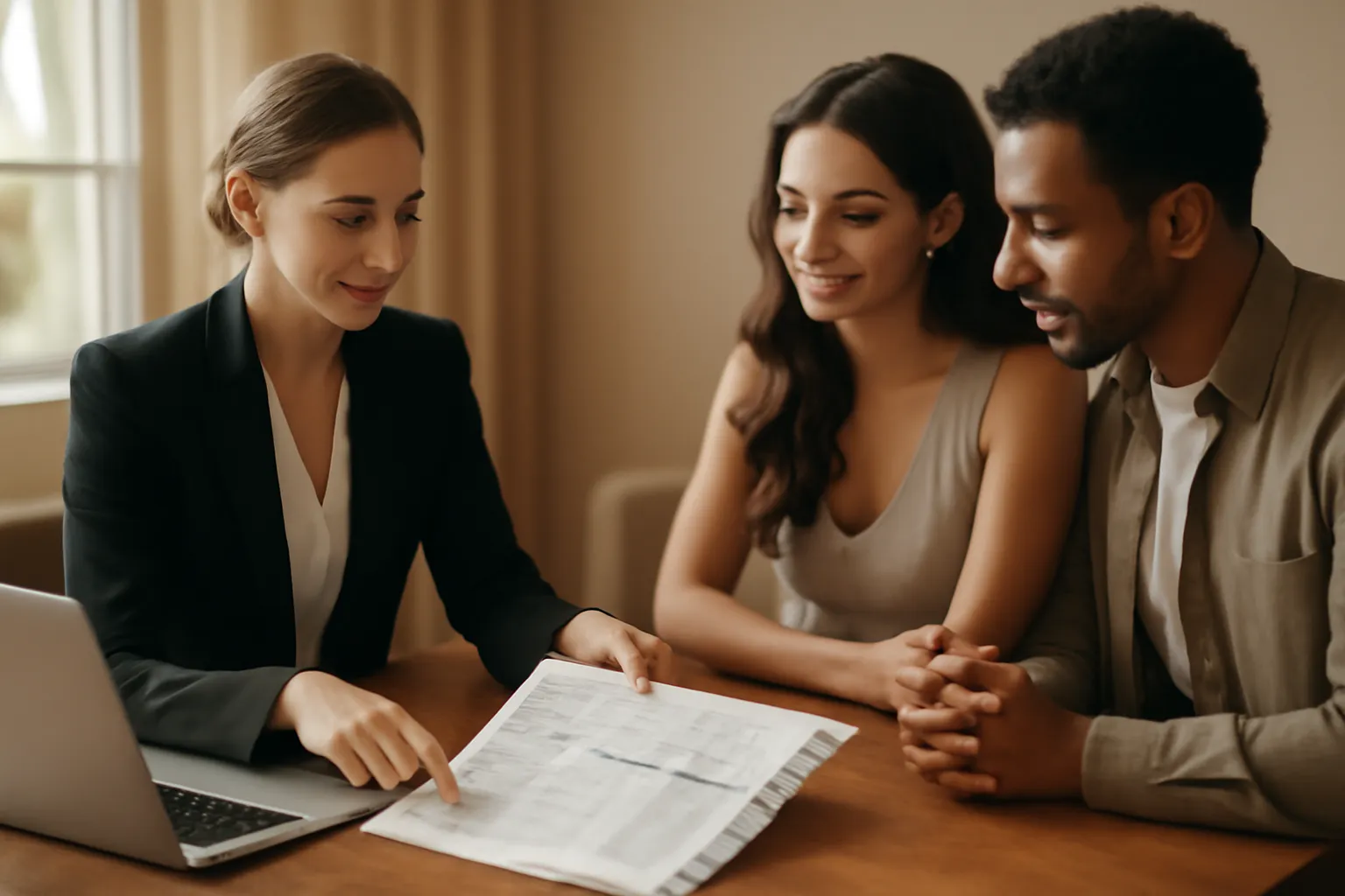 Wedding planner et futurs mariés consultant un rétroplanning et un budget de mariage sur une table en bois