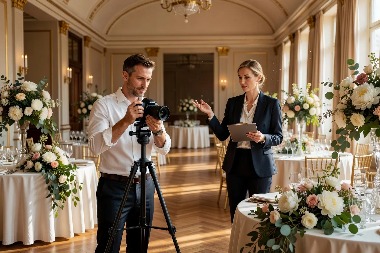 Photographe de mariage professionnel ajustant son appareil photo lors d'un repérage avec le wedding planner