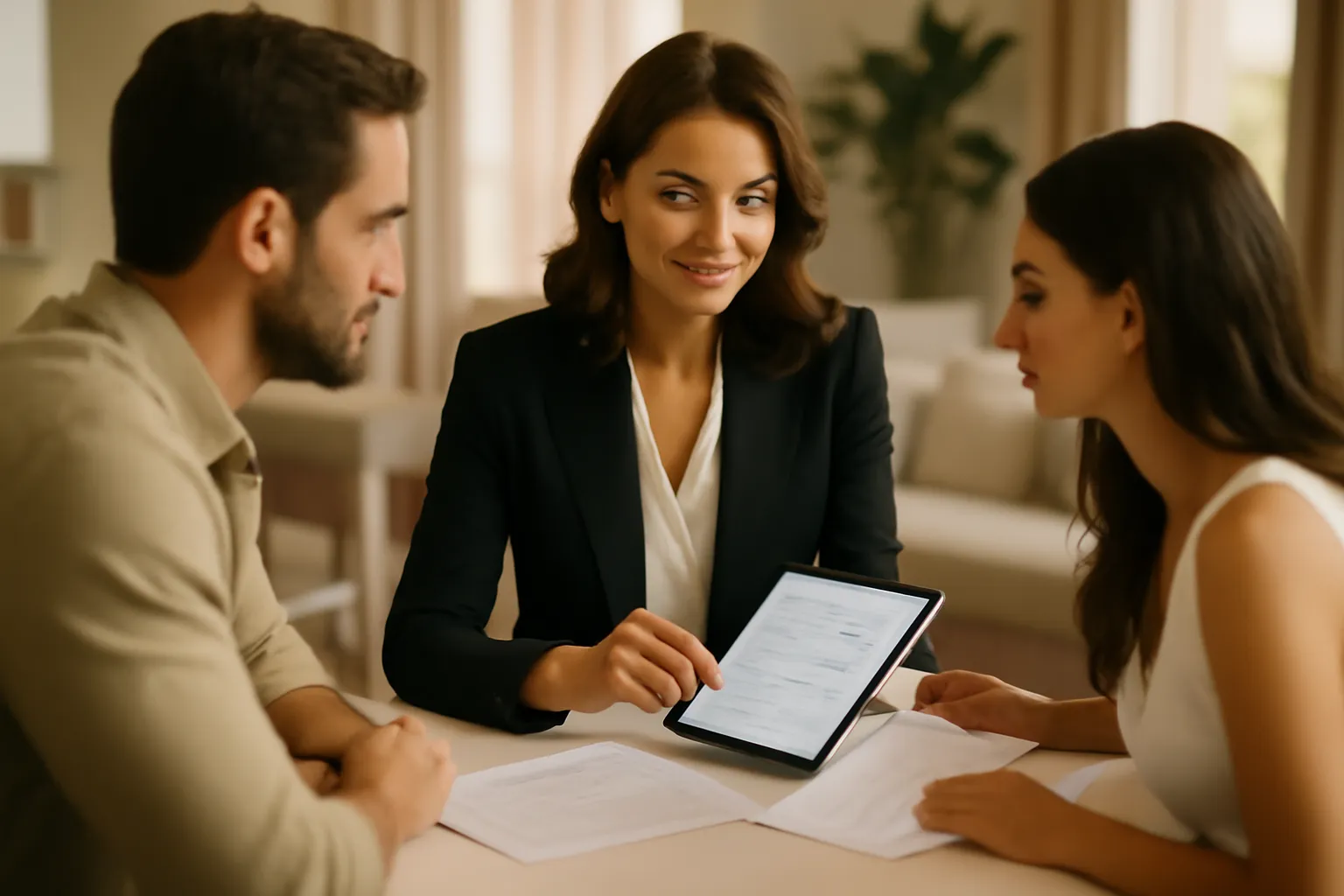 Wedding planner et couple de mariés comparant des devis de traiteur sur une tablette