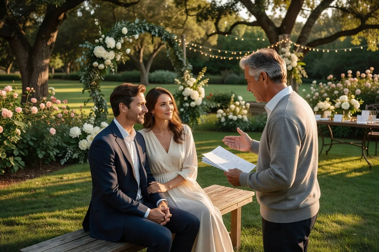 Officiant de cérémonie laïque en discussion avec des futurs mariés lors d'une préparation