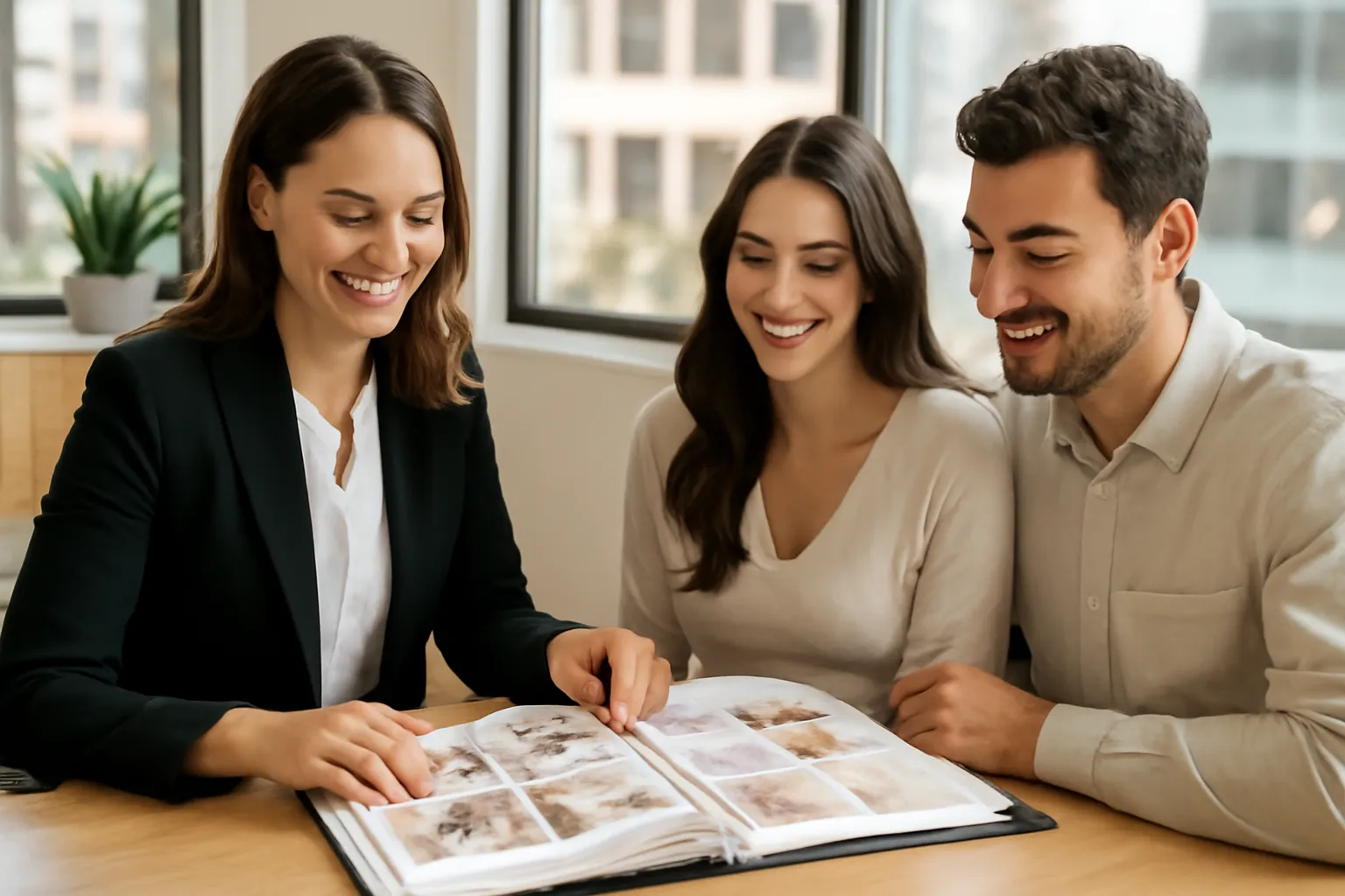 Wedding planner et couple de futurs mariés en réunion de conseil autour d'une table avec planning et échantillons