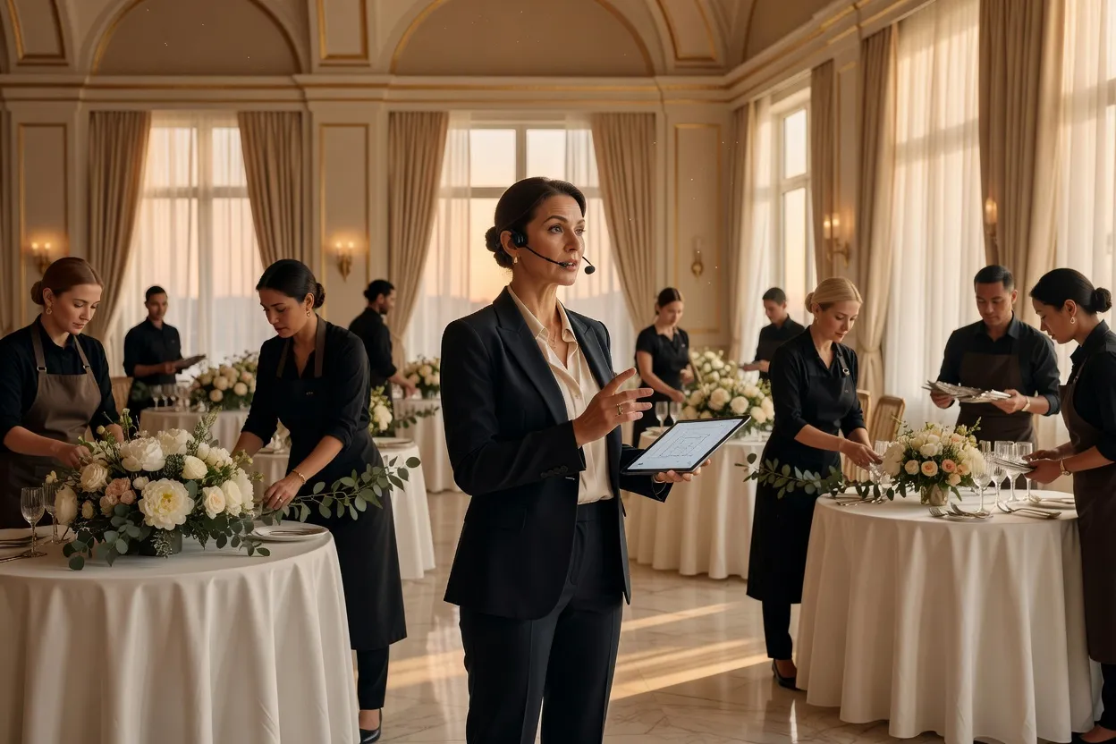 Wedding planner coordonnant les prestataires le jour du mariage dans une salle de réception élégante