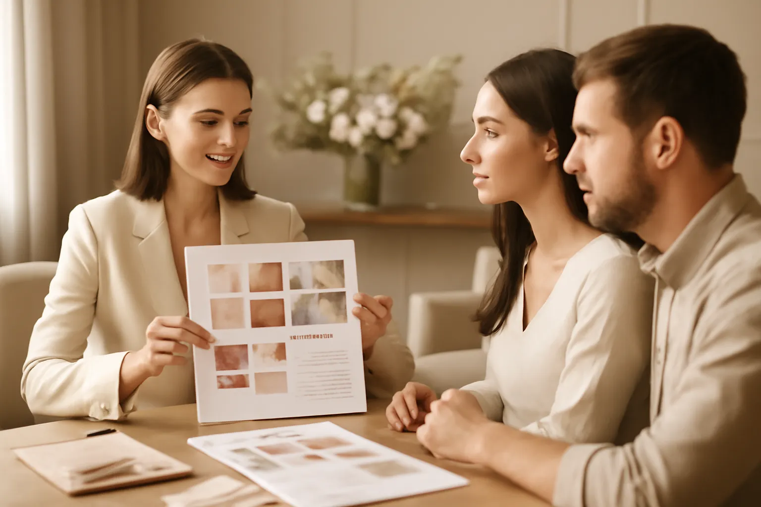 Wedding planner et couple de mariés en réunion de cadrage autour d'un moodboard et d'un planning